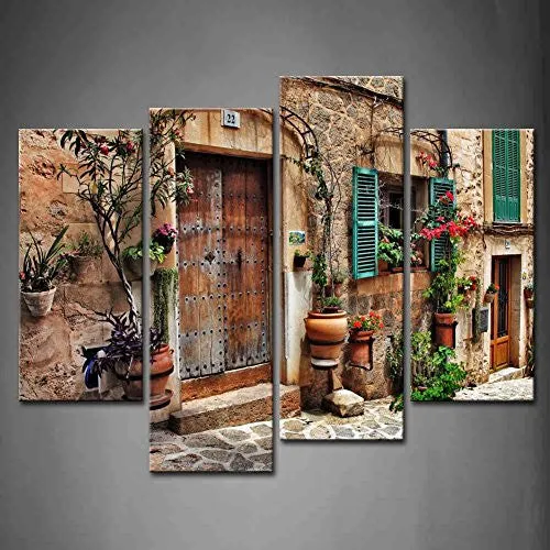 4 PANEL WALL ART STREETS OF OLD MEDITERRANEAN TOWNS FLOWER DOOR WINDOWS PAINTING THE PICTURE PRINT ON CANVAS ARCHITECTURE PICTURES FOR HOME DECOR DECORATION GIFT PIECE