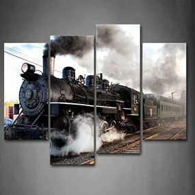 A CAR AND TRAIN WITH GRAY SMOKE STEAM TRAINS IN PROGRESS WALL ART PAINTING THE PICTURE PRINT ON CANVAS CAR PICTURES FOR HOME DECOR DECORATION GIFT