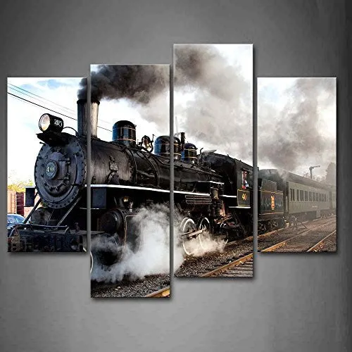 A CAR AND TRAIN WITH GRAY SMOKE STEAM TRAINS IN PROGRESS WALL ART PAINTING THE PICTURE PRINT ON CANVAS CAR PICTURES FOR HOME DECOR DECORATION GIFT