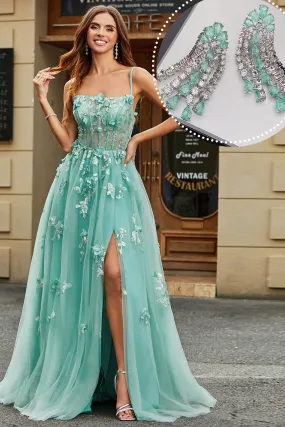 A-Line Green Tulle Corset Applique Long Prom Dress With Accessories Set