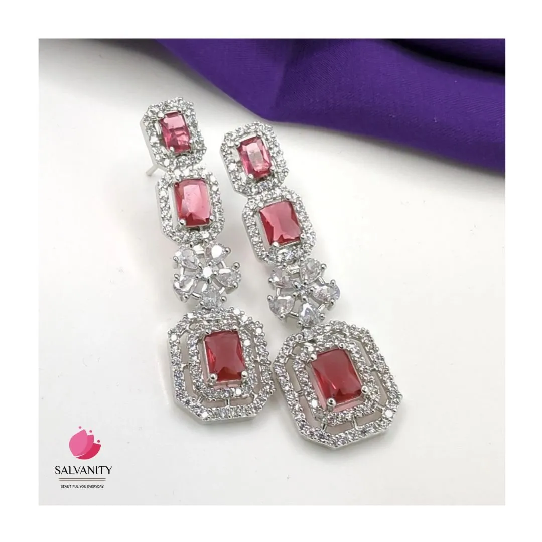 American Diamond Silver Queen's Ruby Red Diamond Danglers