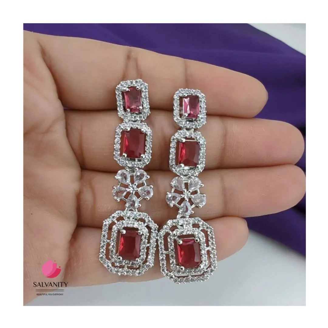 American Diamond Silver Queen's Ruby Red Diamond Danglers