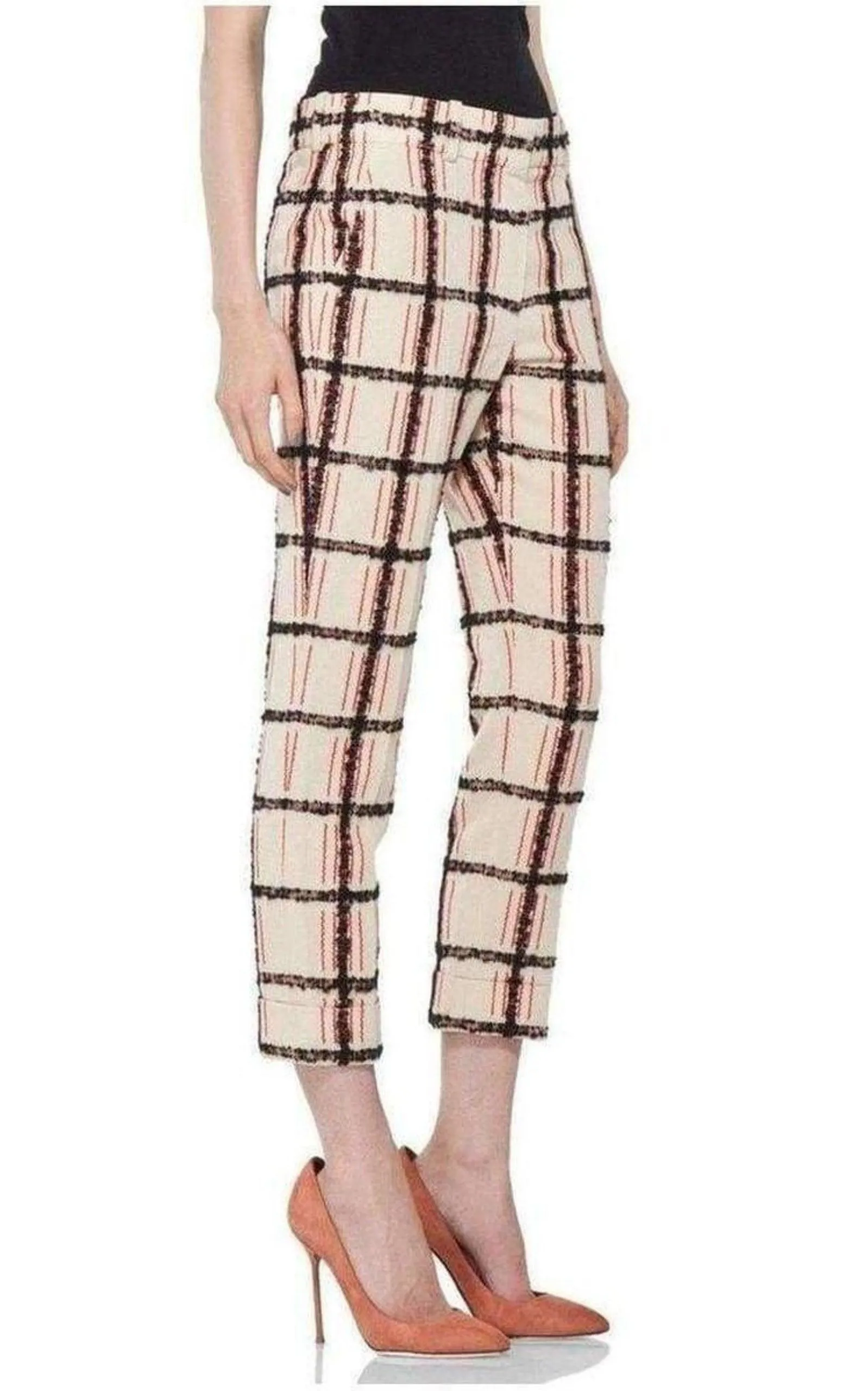 Beige Mohair Trim Check Cropped Pants