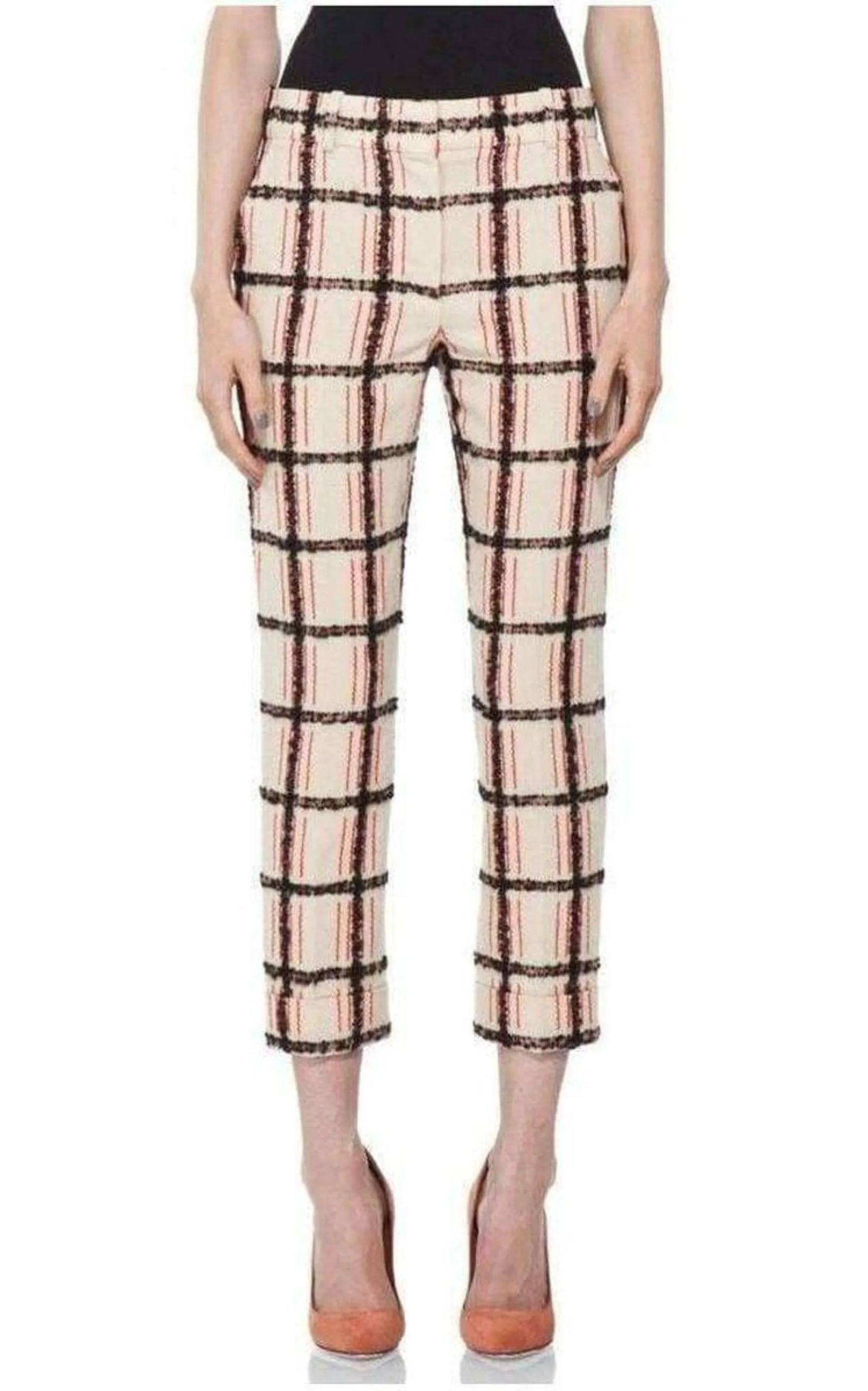 Beige Mohair Trim Check Cropped Pants