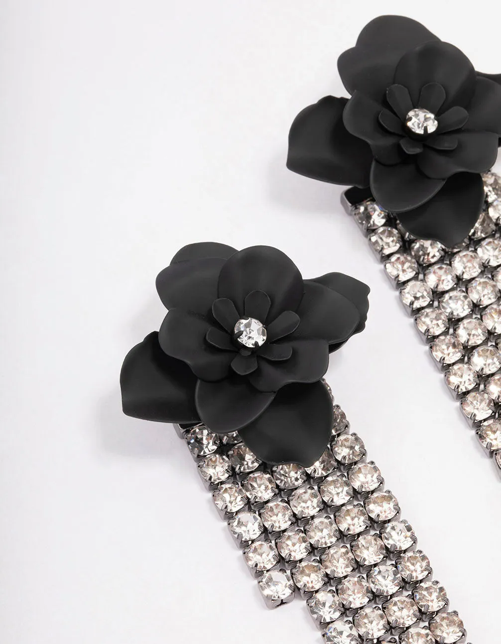 Black Flower Diamante Cupchain Drop Earrings