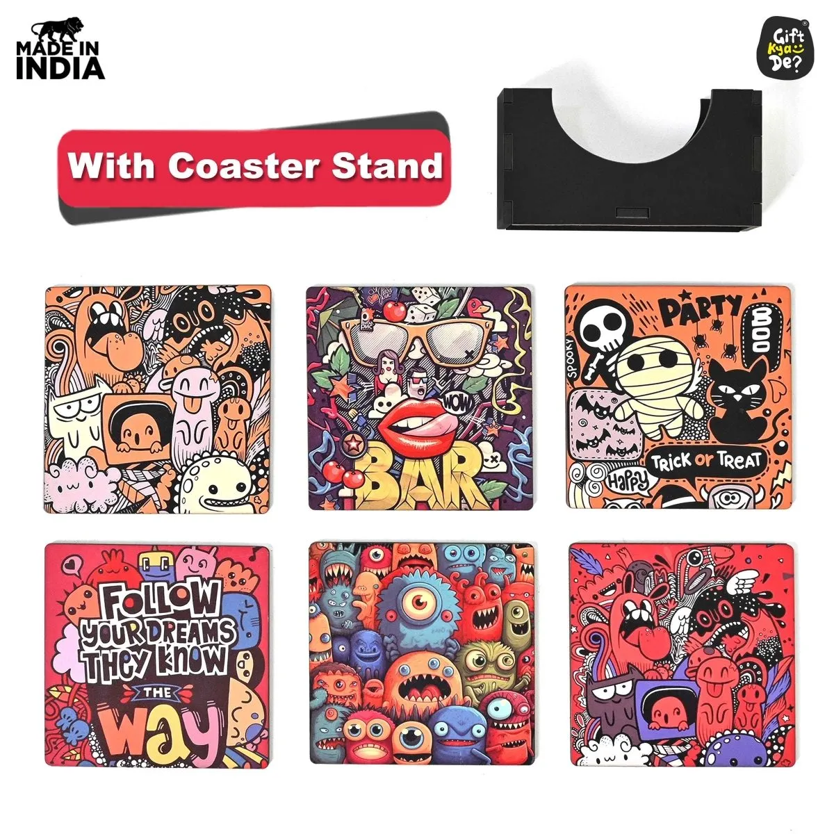 Coaster Set of 6 Doodle & Emotive Design | Wooden Coasters With Coaster Stand | Kitchen Accessories (Ecofriendly)