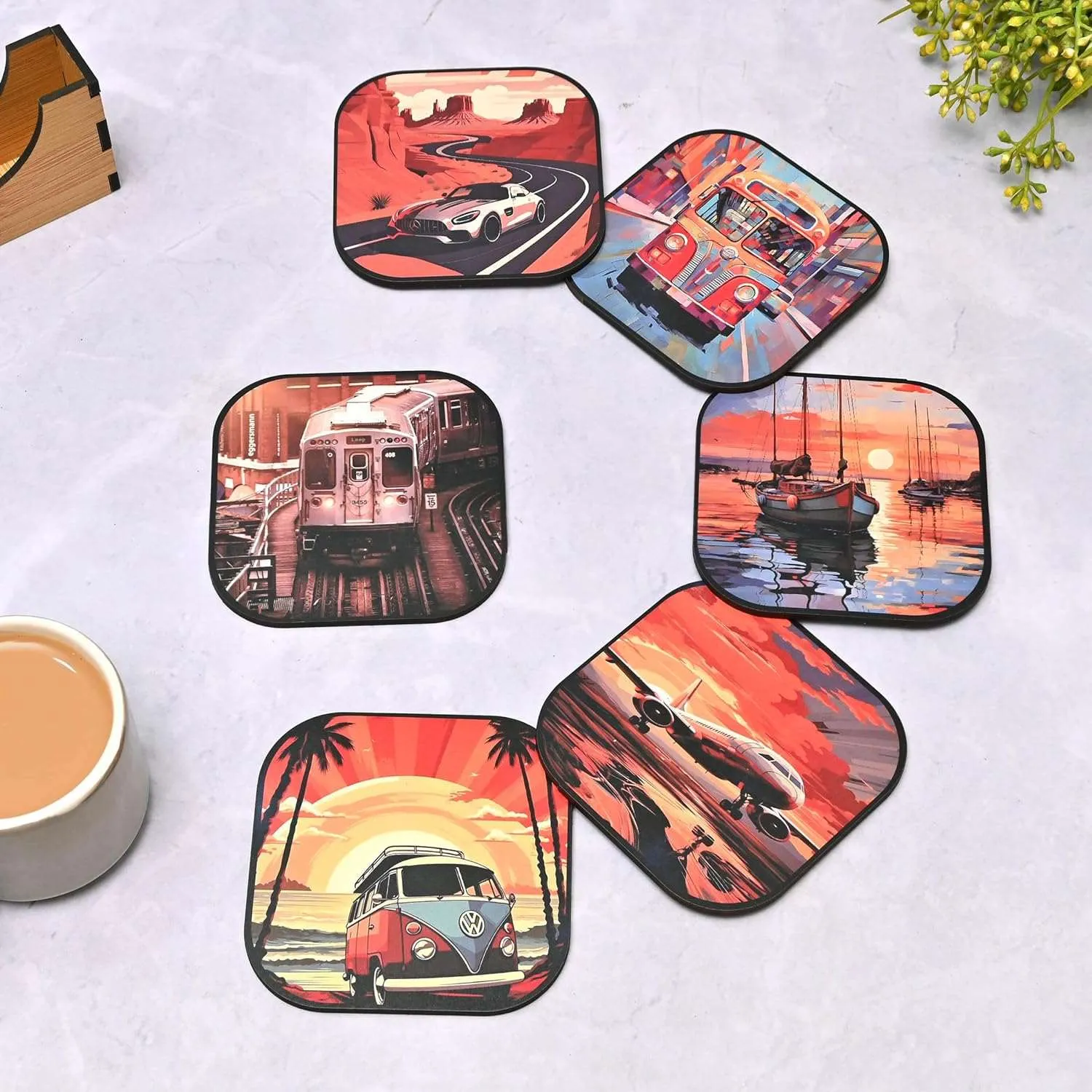 Coaster Set of 6 Nature & Travel Theme Design | Wooden Coasters to Serve Tea Cups, Coffee Mugs and Glasses