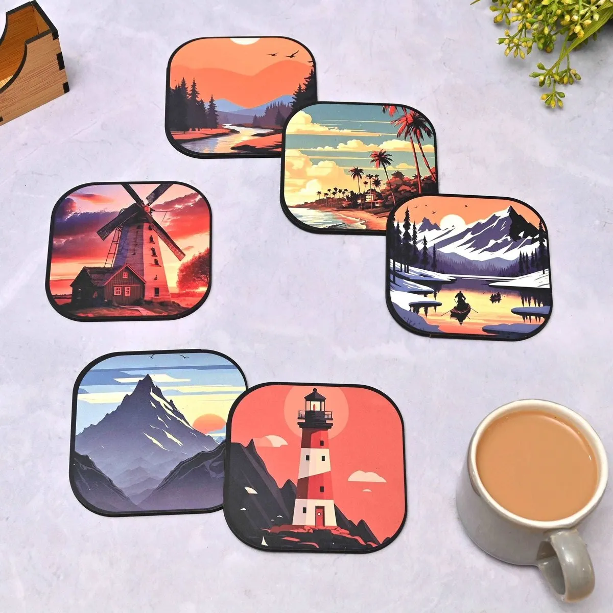 Coaster Set of 6 Nature & Travel Theme Design | Wooden Coasters to Serve Tea Cups, Coffee Mugs and Glasses