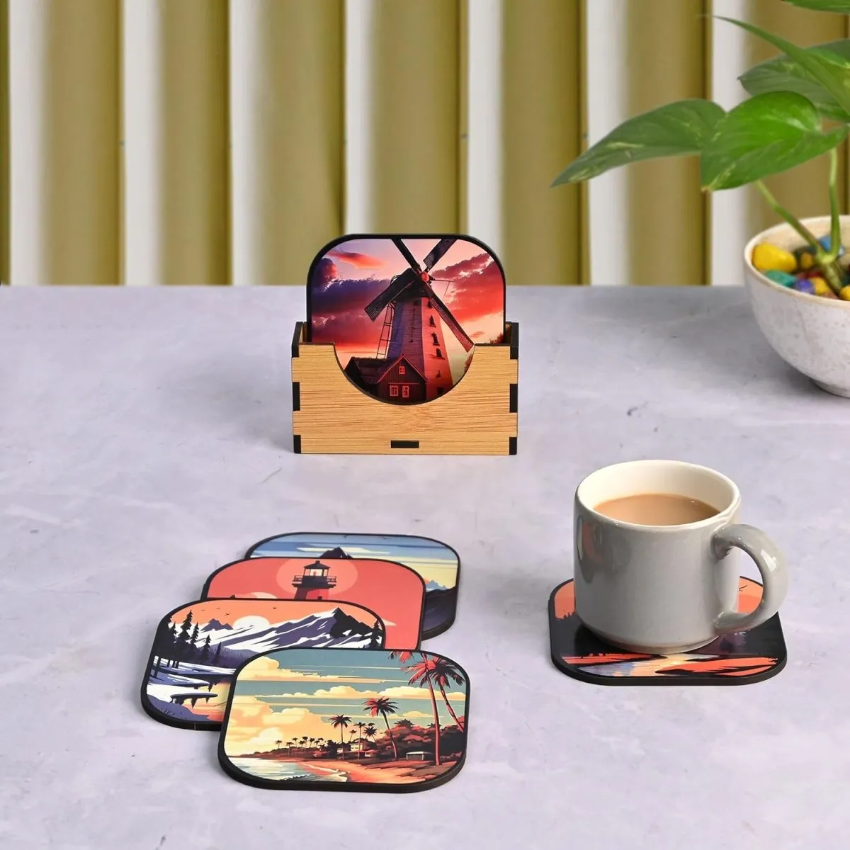 Coaster Set of 6 Nature & Travel Theme Design | Wooden Coasters to Serve Tea Cups, Coffee Mugs and Glasses