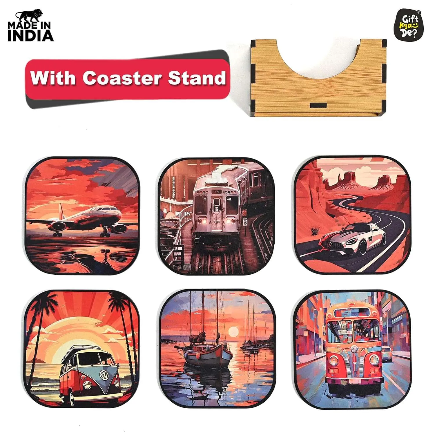 Coaster Set of 6 Nature & Travel Theme Design | Wooden Coasters to Serve Tea Cups, Coffee Mugs and Glasses