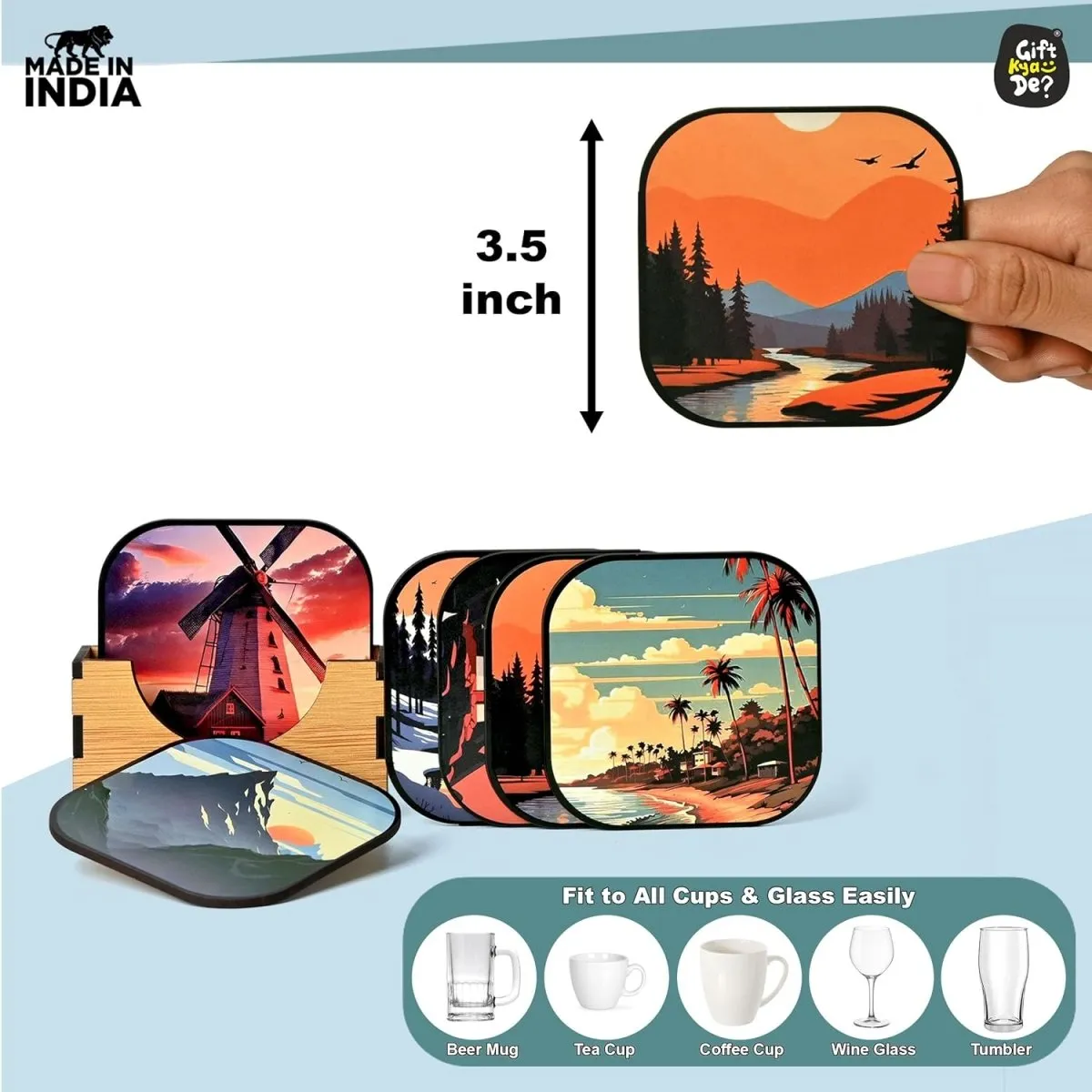 Coaster Set of 6 Nature & Travel Theme Design | Wooden Coasters to Serve Tea Cups, Coffee Mugs and Glasses