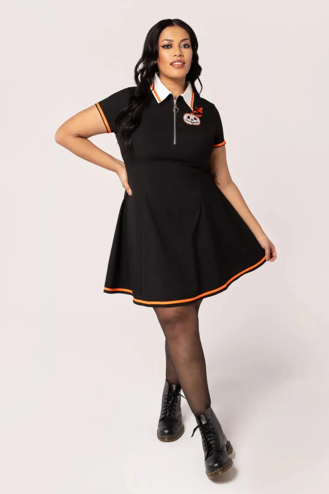 Hell Bunny Jack-O-Lantern Mini Dress Pumpkin Polo Style Halloween