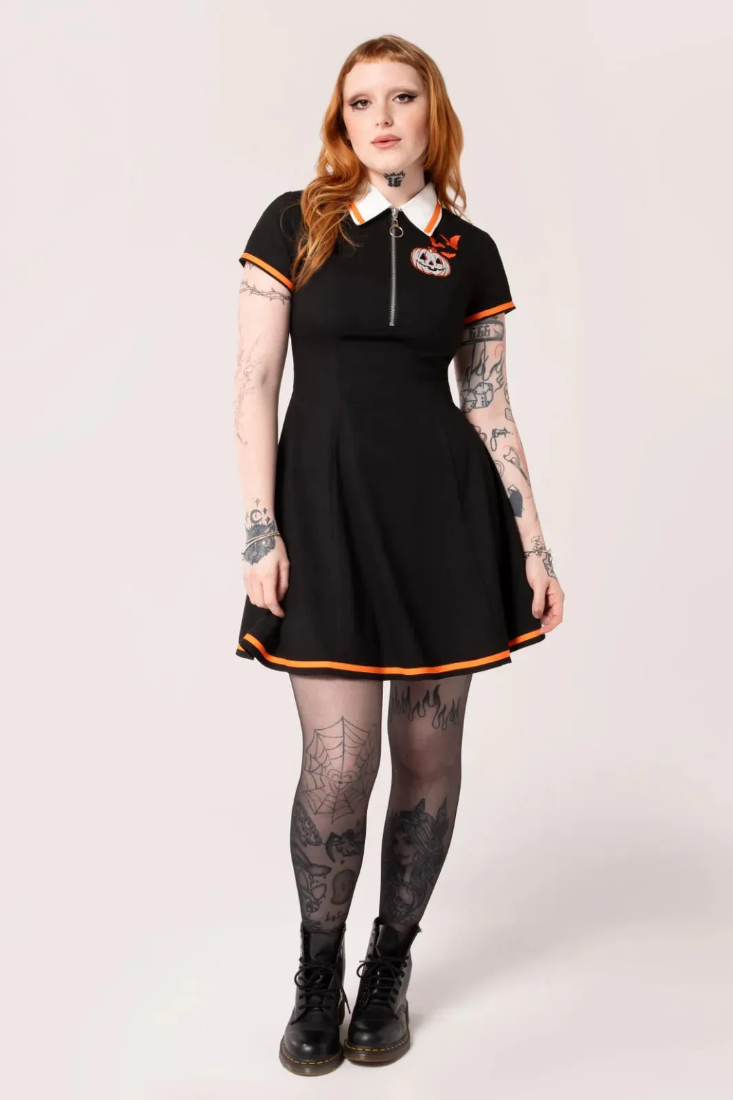 Hell Bunny Jack-O-Lantern Mini Dress Pumpkin Polo Style Halloween