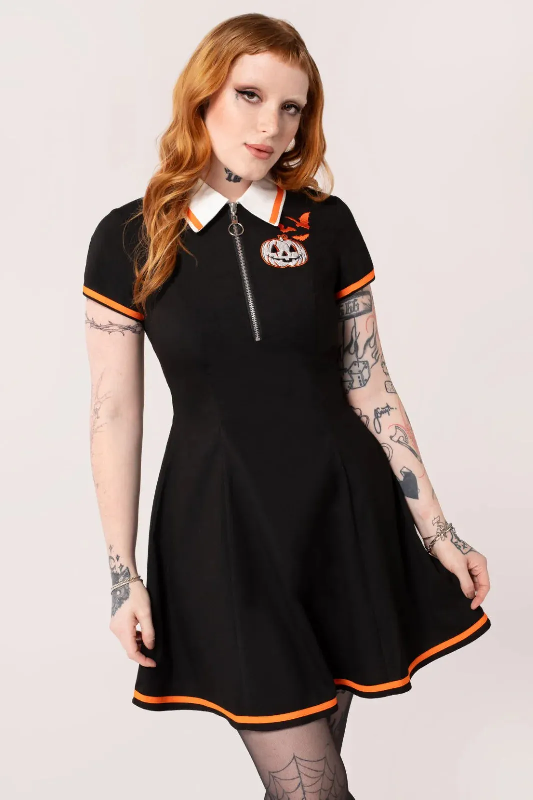 Hell Bunny Jack-O-Lantern Mini Dress Pumpkin Polo Style Halloween