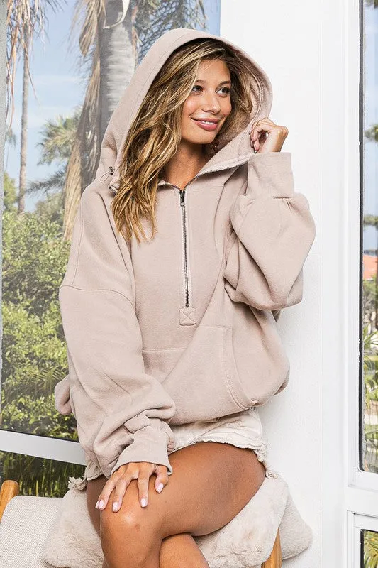 KHLOE STITCH DETAILED ELASTIC HEM HALF ZIP FLEECE HOODIE S-XL