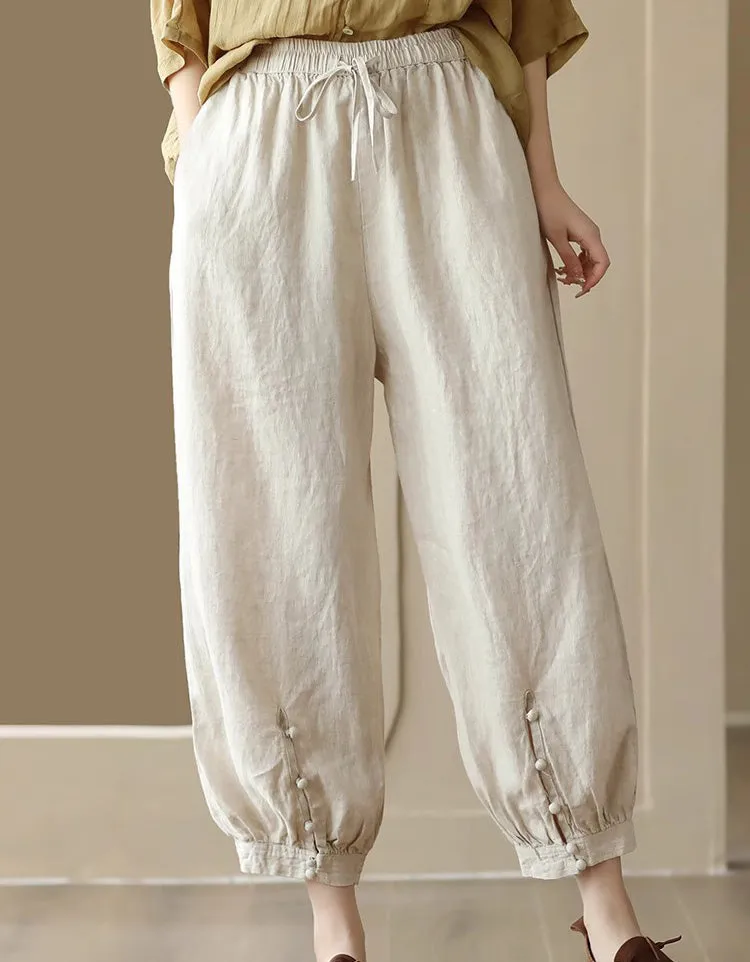 Leg buckled Design Loose Linen Pants