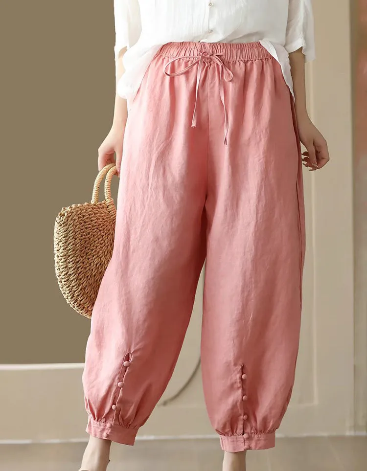 Leg buckled Design Loose Linen Pants