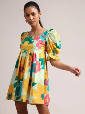 Light Green Cotton Floral Fit & Flare Dress