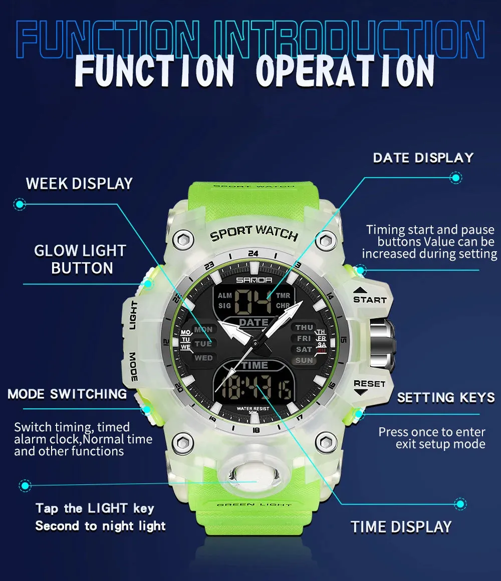 Men's Sports Watch Military Style Dual Display LED Digital Alarm Clock 50M Waterproof Men Electronic Wristwatch