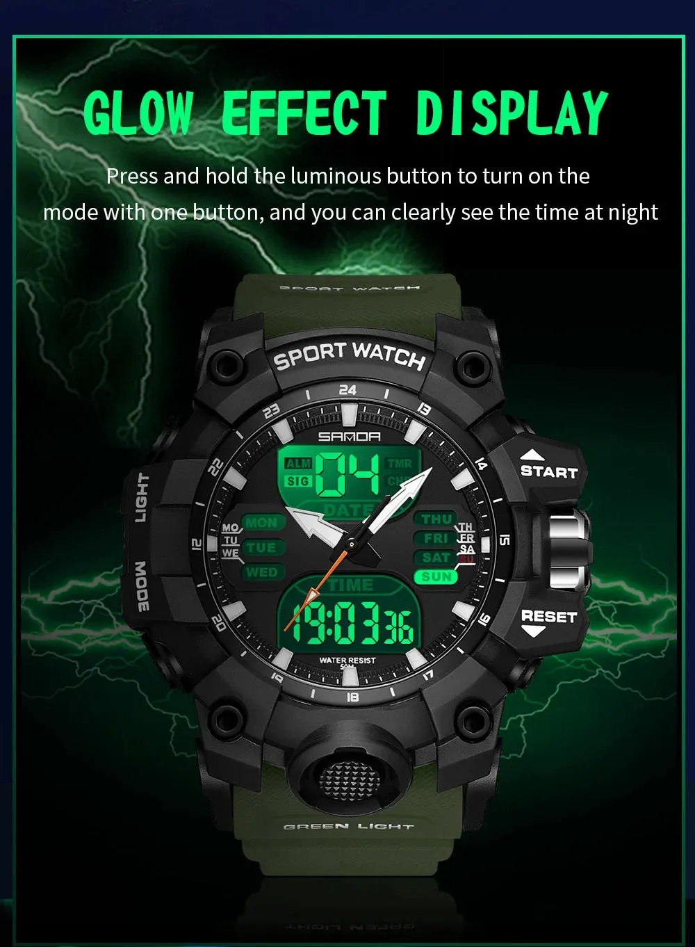 Men's Sports Watch Military Style Dual Display LED Digital Alarm Clock 50M Waterproof Men Electronic Wristwatch