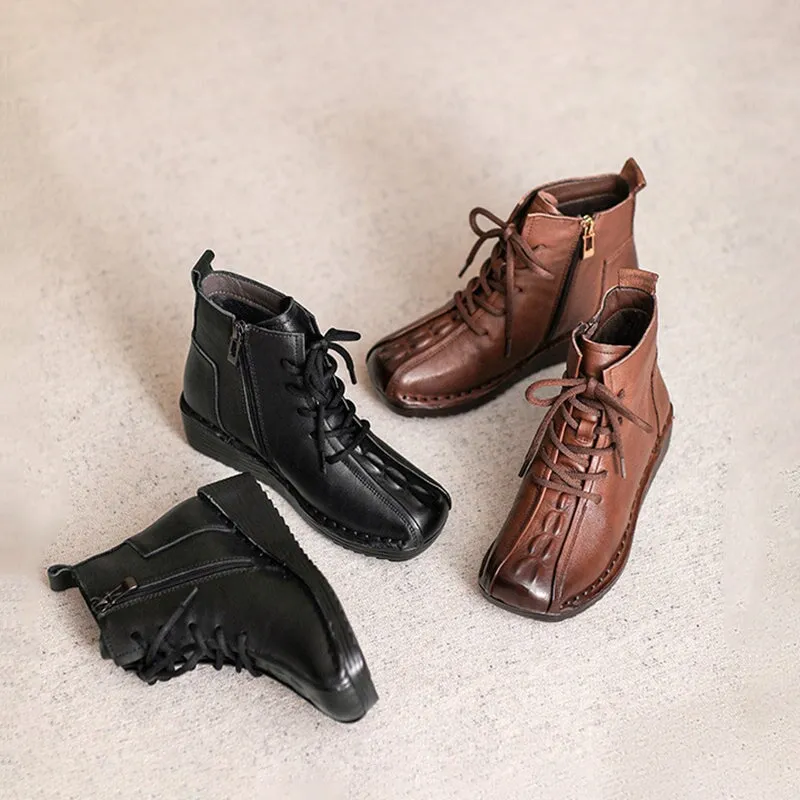 National Style Leather Short Boots For Women Lace Up Black/Brown