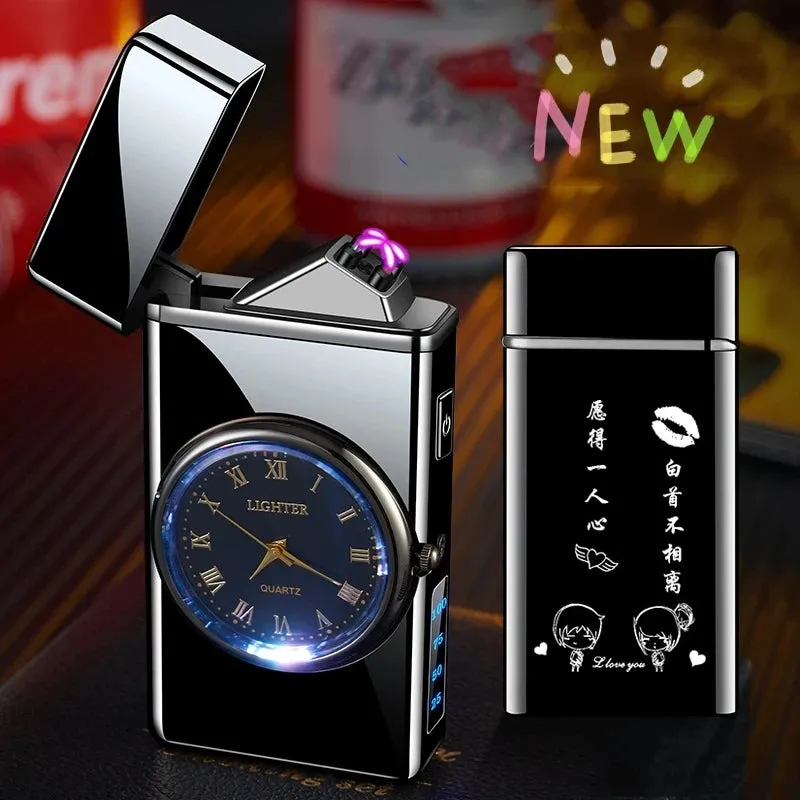 New Metal Clock Dual Arc Lighter LED Display USB Rechargeable Portable Flameless Lighter Outdoor Camping Flashlight Men's Gifts