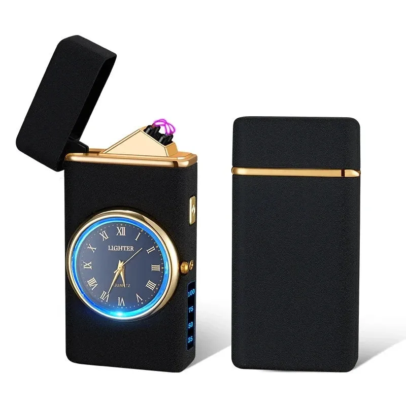 New Metal Clock Dual Arc Lighter LED Display USB Rechargeable Portable Flameless Lighter Outdoor Camping Flashlight Men's Gifts