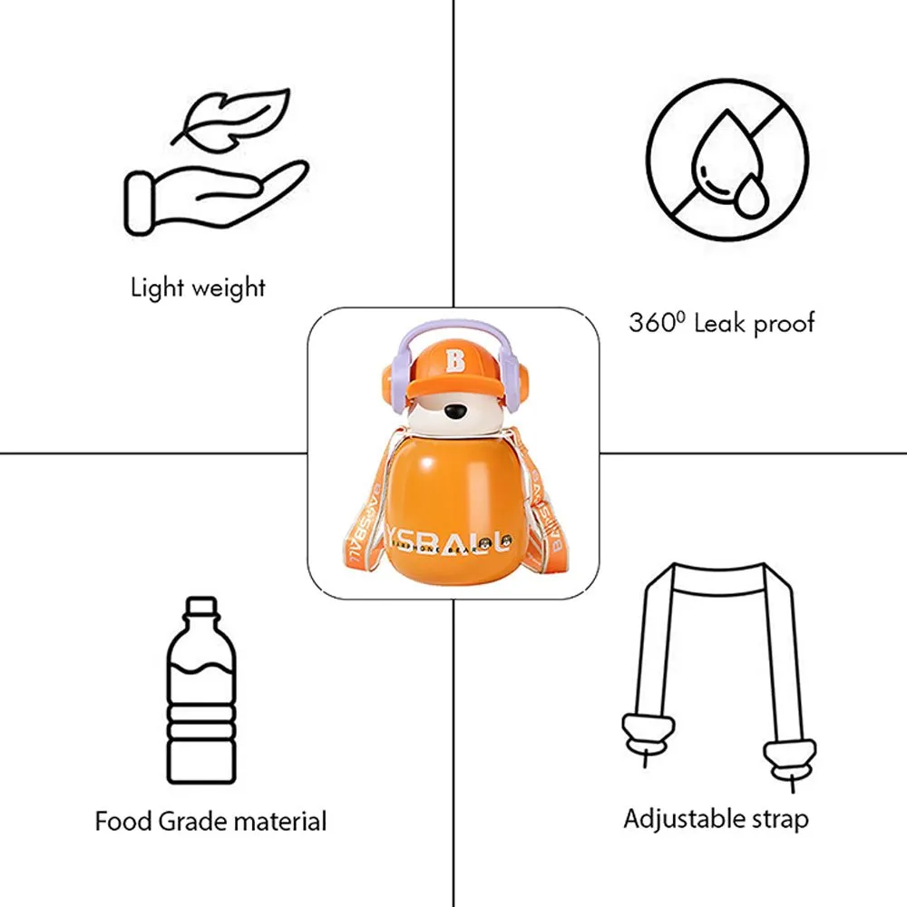 Orange Baseball Bear Kids Water Bottle, 460ml