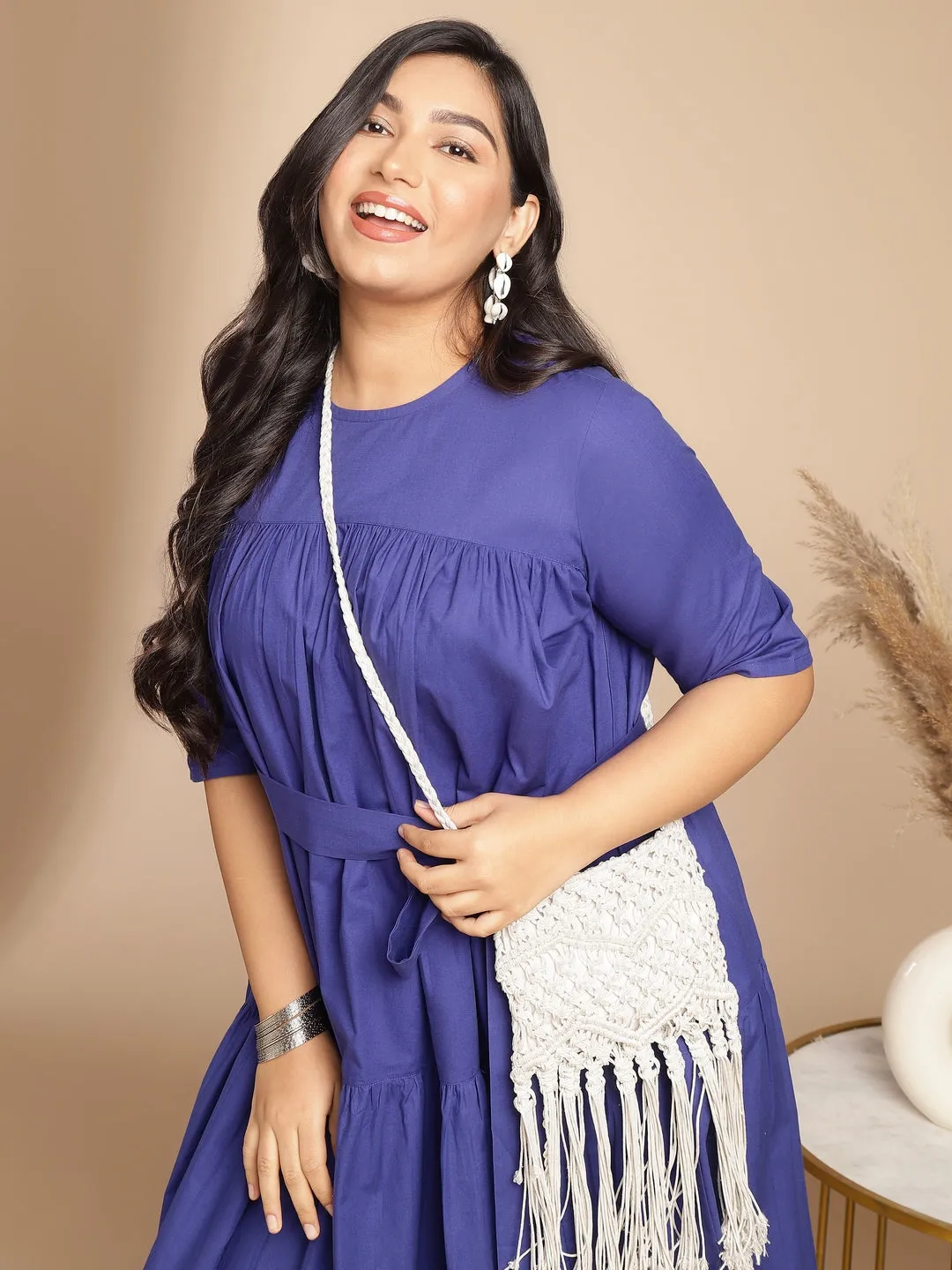 Plus Size Blue Poplin Solid Flared Dress