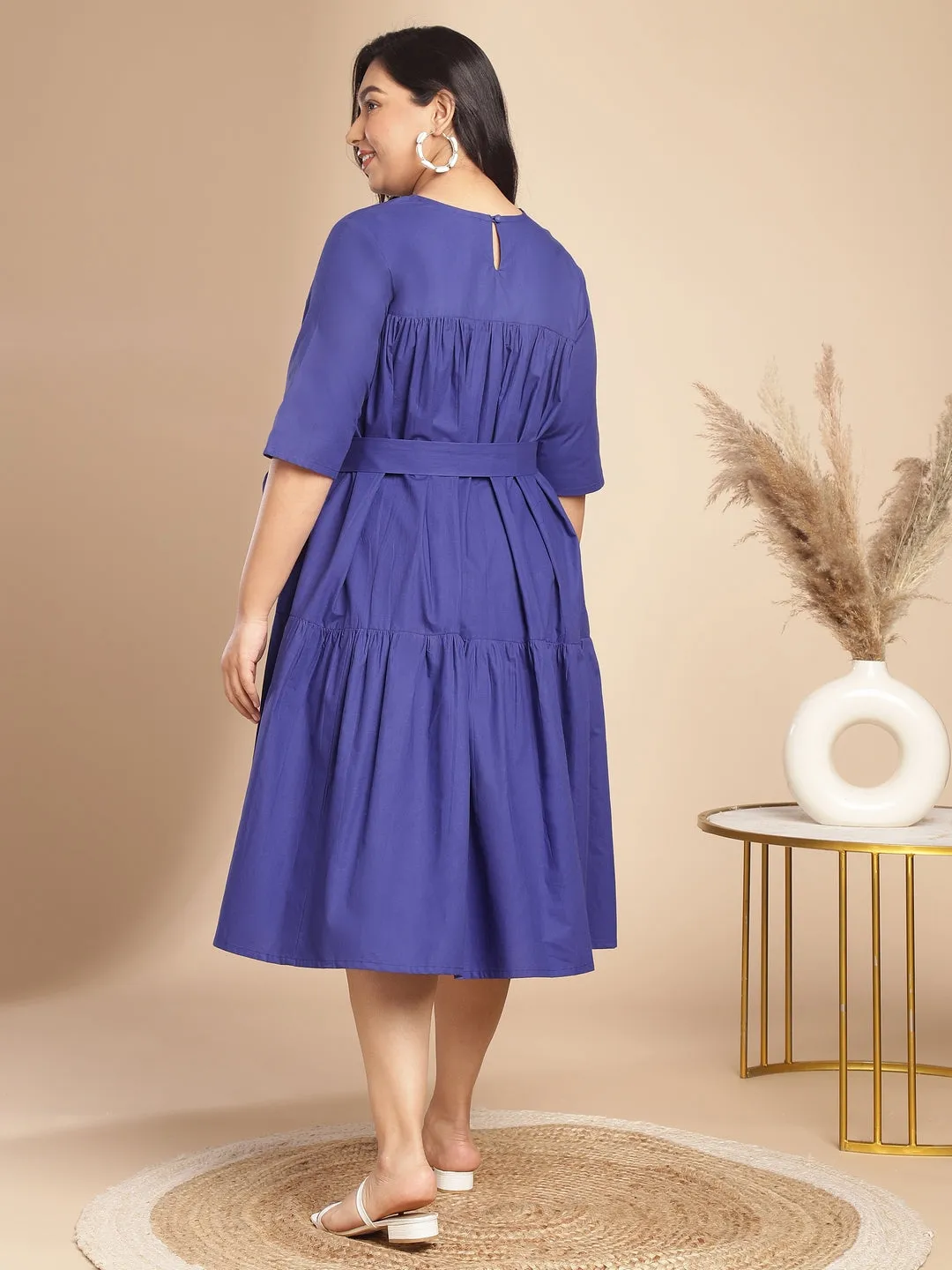 Plus Size Blue Poplin Solid Flared Dress