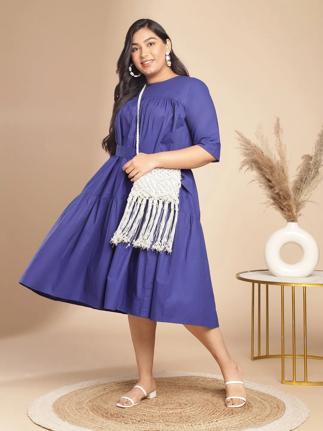 Plus Size Blue Poplin Solid Flared Dress