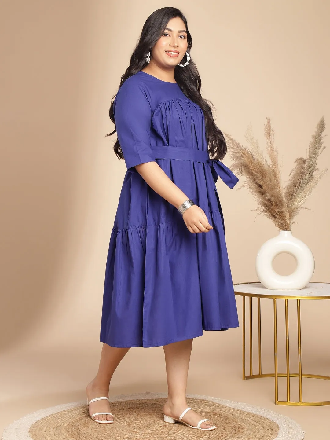 Plus Size Blue Poplin Solid Flared Dress