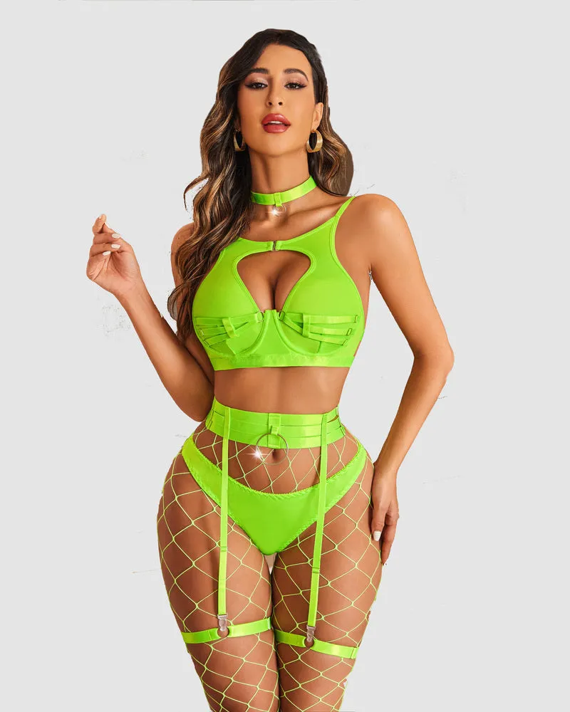 Push Up Bondaged 5 Piece Strappy Lingerie Set