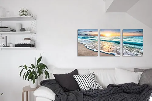 QICAI 3 PANEL CANVAS WALL ART FOR HOME DECOR BLUE SEA SUNSET WHITE BEACH PAINTING THE PICTURE PRINT ON CANVAS SEASCAPE THE PICTURES FOR HOME DECOR DECORATION,READY TO HANG