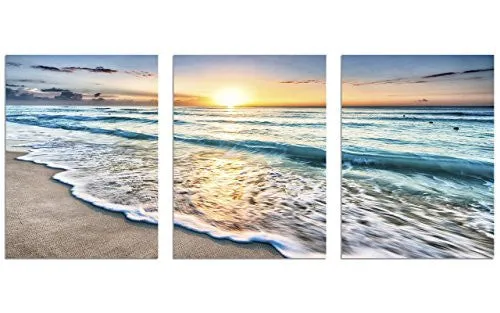 QICAI 3 PANEL CANVAS WALL ART FOR HOME DECOR BLUE SEA SUNSET WHITE BEACH PAINTING THE PICTURE PRINT ON CANVAS SEASCAPE THE PICTURES FOR HOME DECOR DECORATION,READY TO HANG