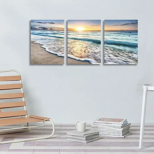 QICAI 3 PANEL CANVAS WALL ART FOR HOME DECOR BLUE SEA SUNSET WHITE BEACH PAINTING THE PICTURE PRINT ON CANVAS SEASCAPE THE PICTURES FOR HOME DECOR DECORATION,READY TO HANG