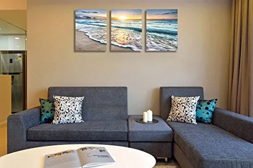 QICAI 3 PANEL CANVAS WALL ART FOR HOME DECOR BLUE SEA SUNSET WHITE BEACH PAINTING THE PICTURE PRINT ON CANVAS SEASCAPE THE PICTURES FOR HOME DECOR DECORATION,READY TO HANG