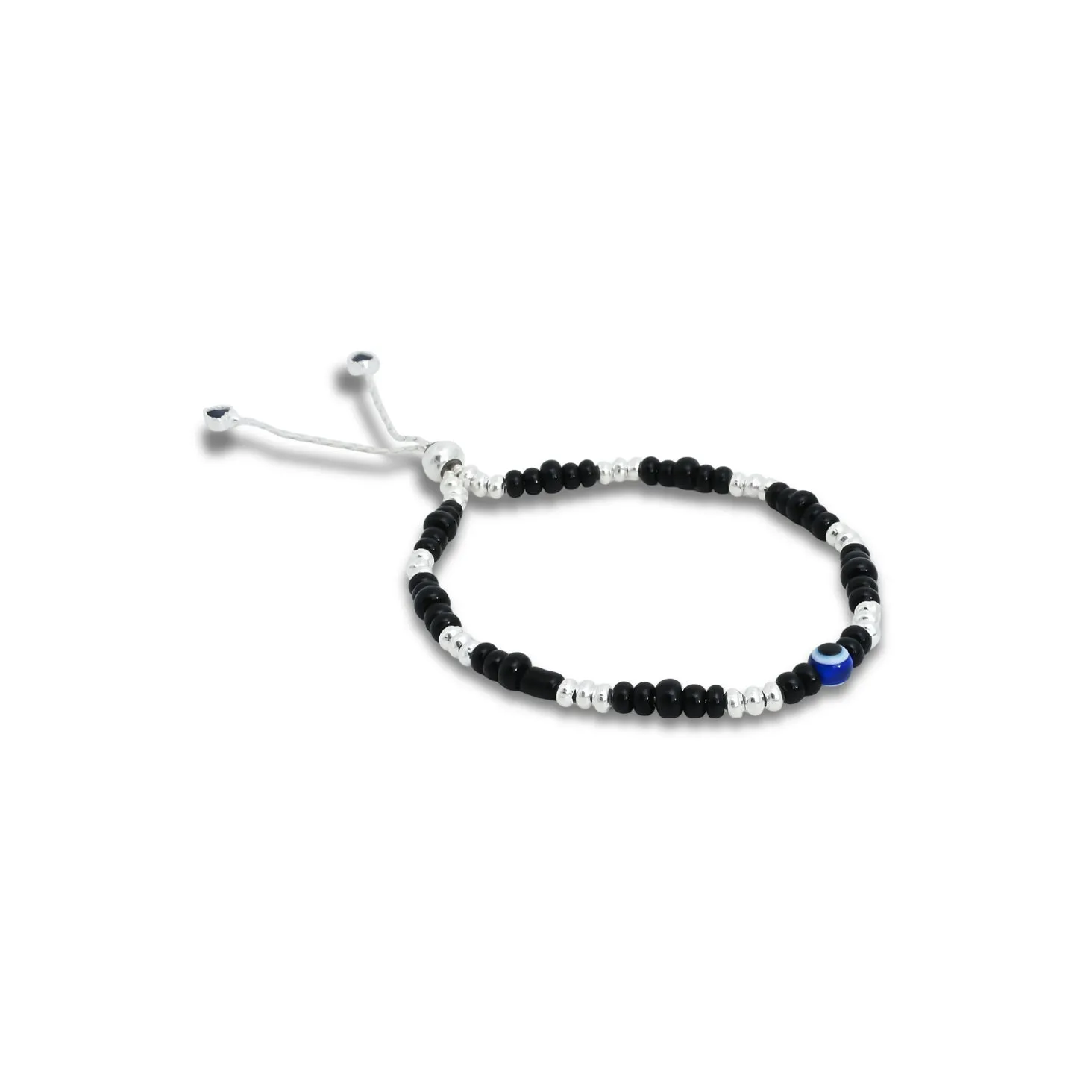 Silver Center Blue Evil Eye with Silver and Black Beads Dhaga Payal for Girls