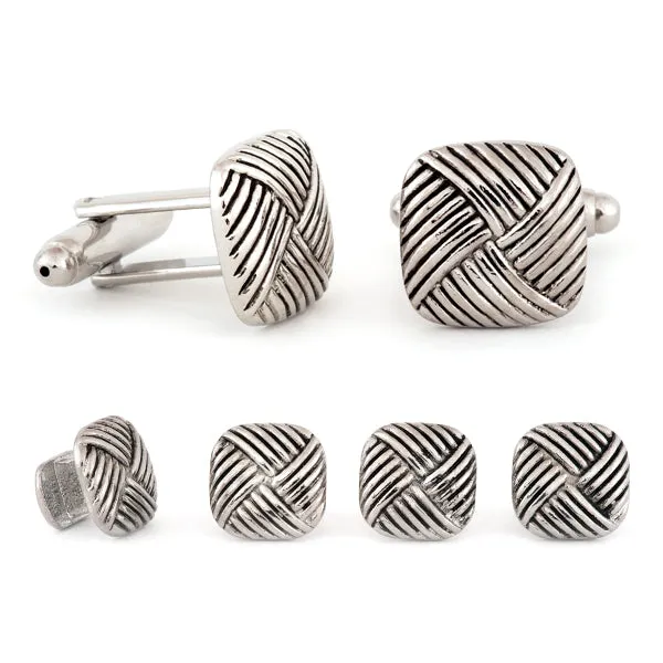 Square Diagonal Weave Cuff Links & Studs Set