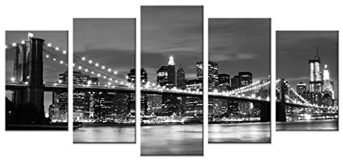 WIECO ART - BROOOKLYN BRIDGE NIGHT VIEW 5 PANELS MODERN LANDSCAPE ARTWORK CANVAS PRINTS ABSTRACT PICTURES SENSATION TO PHOTO PAINTINGS ON CANVAS WALL ART FOR HOME DECORATIONS WALL DECOR