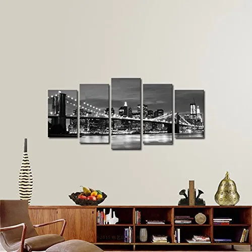 WIECO ART - BROOOKLYN BRIDGE NIGHT VIEW 5 PANELS MODERN LANDSCAPE ARTWORK CANVAS PRINTS ABSTRACT PICTURES SENSATION TO PHOTO PAINTINGS ON CANVAS WALL ART FOR HOME DECORATIONS WALL DECOR