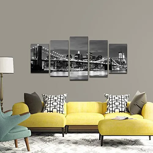 WIECO ART - BROOOKLYN BRIDGE NIGHT VIEW 5 PANELS MODERN LANDSCAPE ARTWORK CANVAS PRINTS ABSTRACT PICTURES SENSATION TO PHOTO PAINTINGS ON CANVAS WALL ART FOR HOME DECORATIONS WALL DECOR