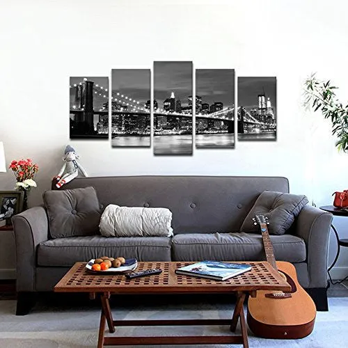 WIECO ART - BROOOKLYN BRIDGE NIGHT VIEW 5 PANELS MODERN LANDSCAPE ARTWORK CANVAS PRINTS ABSTRACT PICTURES SENSATION TO PHOTO PAINTINGS ON CANVAS WALL ART FOR HOME DECORATIONS WALL DECOR