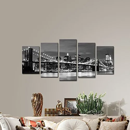 WIECO ART - BROOOKLYN BRIDGE NIGHT VIEW 5 PANELS MODERN LANDSCAPE ARTWORK CANVAS PRINTS ABSTRACT PICTURES SENSATION TO PHOTO PAINTINGS ON CANVAS WALL ART FOR HOME DECORATIONS WALL DECOR