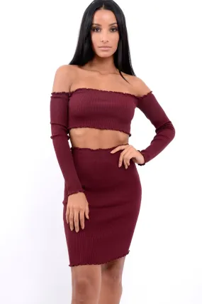 Wine Ribbed Knitted Co-ord with Frill Hems - Sicilie