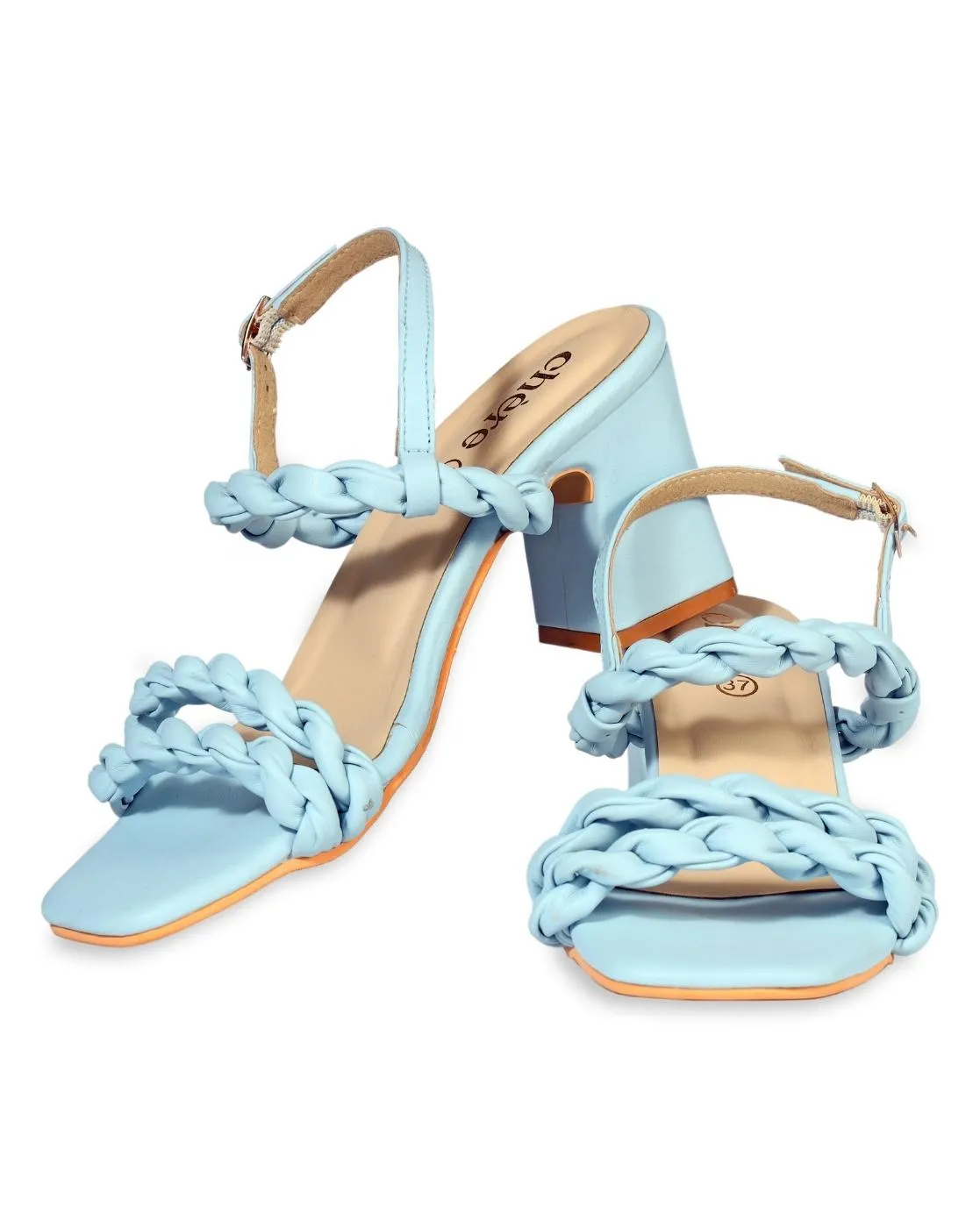 Women's Pastel Blue Weaving Strap Chunky Block Heels