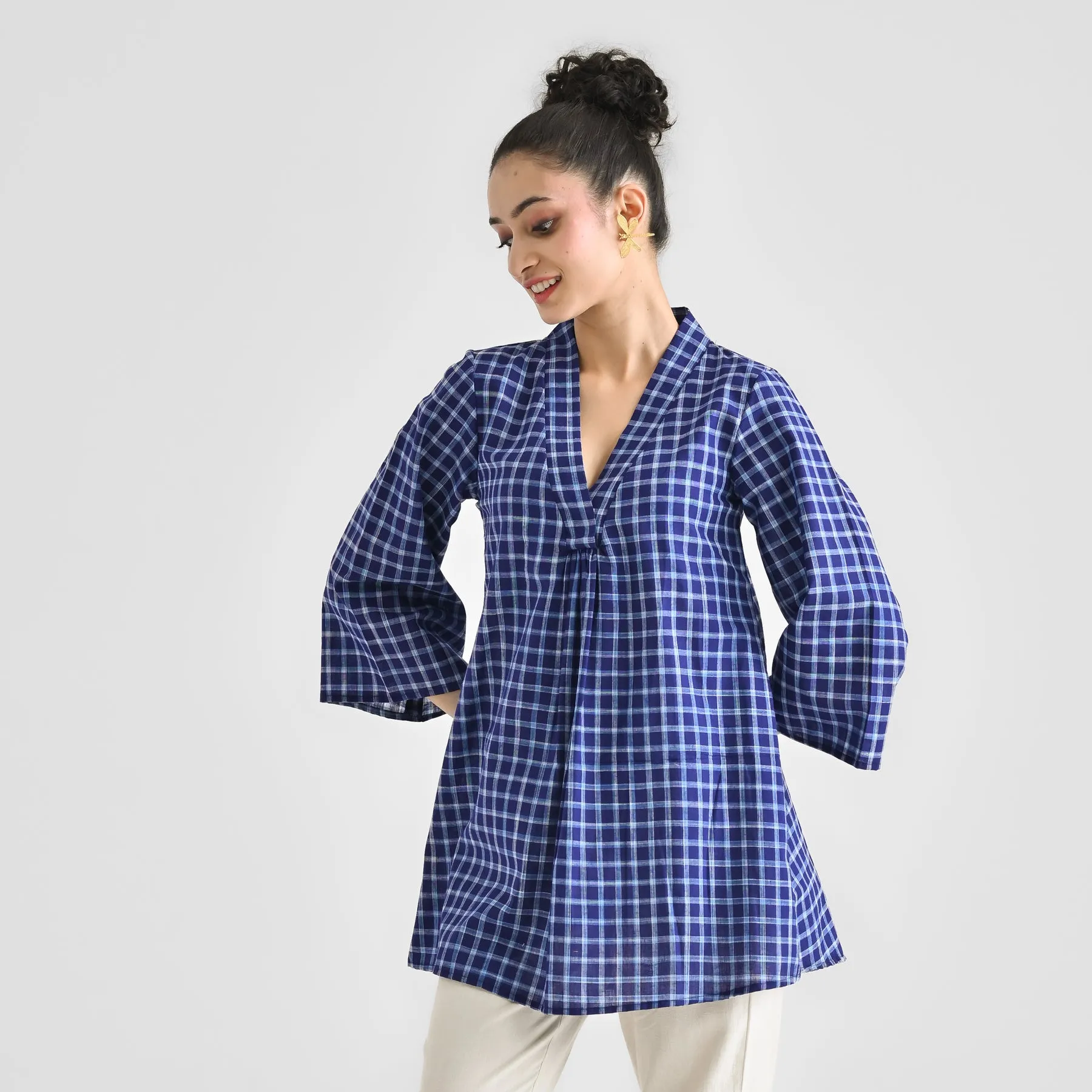 Woven Navy Cotton Tunic with V Neckline Detail