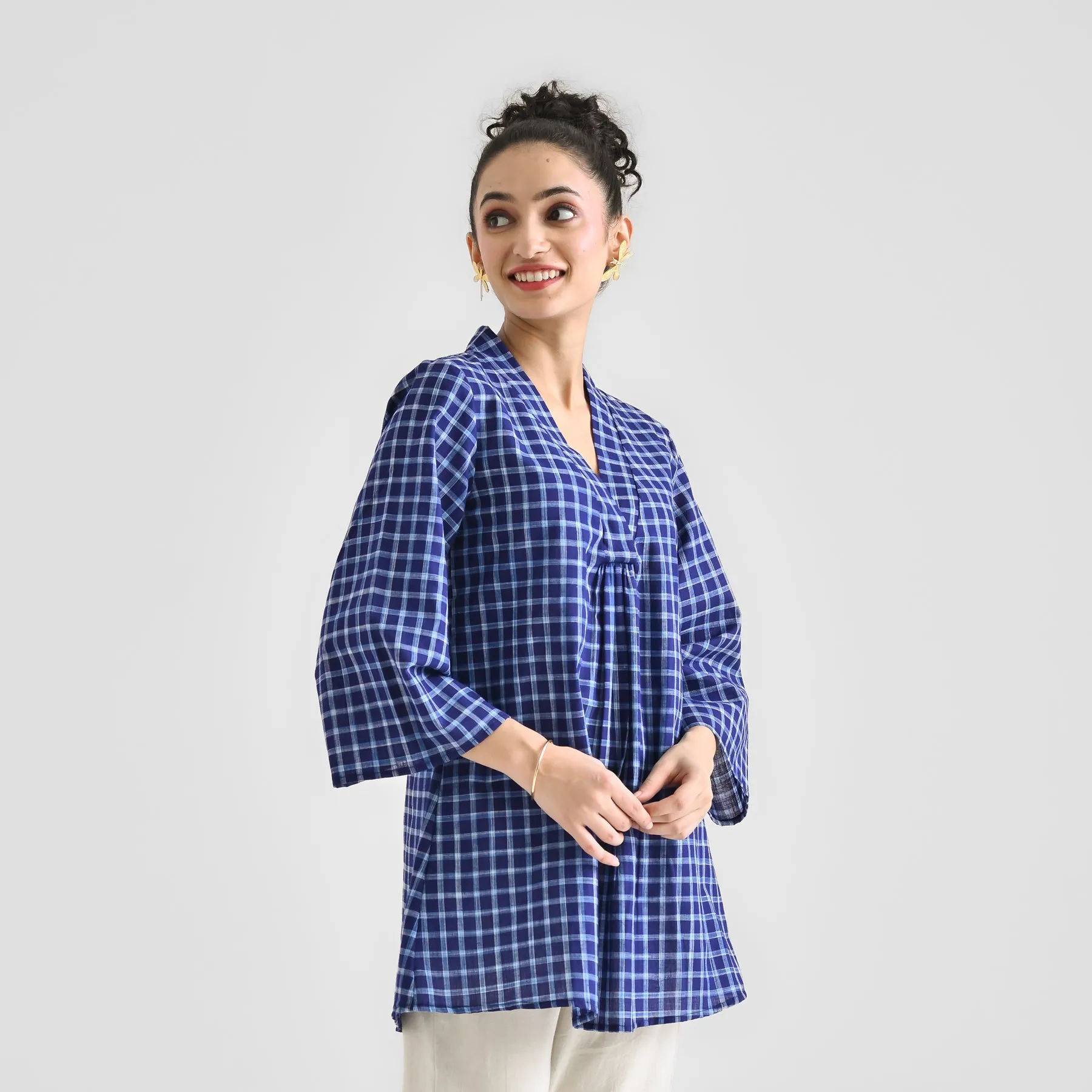 Woven Navy Cotton Tunic with V Neckline Detail