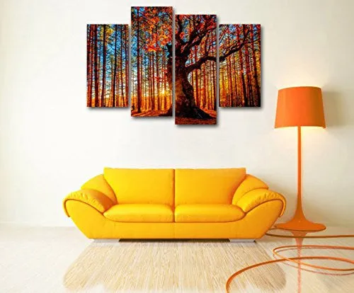 YEARAINN WALL ART CANVAS PAINTING RED TREE SUNSET FOREST - 4 PIECE LARGE SUNSHINE WOODS LANDSCAPE CONTEMPORARY PICTURES FRAMED READY TO HANG MODERN ARTWORK FOR KITCHEN BEDROOM LIVING ROOM DECORATION