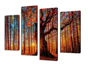 YEARAINN WALL ART CANVAS PAINTING RED TREE SUNSET FOREST - 4 PIECE LARGE SUNSHINE WOODS LANDSCAPE CONTEMPORARY PICTURES FRAMED READY TO HANG MODERN ARTWORK FOR KITCHEN BEDROOM LIVING ROOM DECORATION